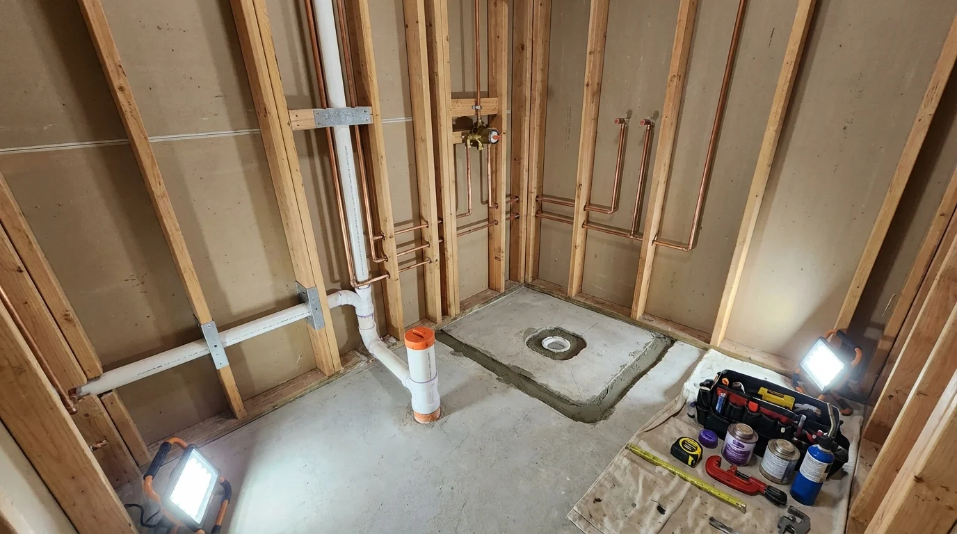 Bathroom rough-in plumbing during remodel by Johns Plumbing LLC in Stewartville