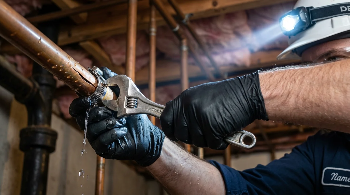 Emergency pipe clamp repair being performed by a Johns Plumbing LLC plumber in Stewartville