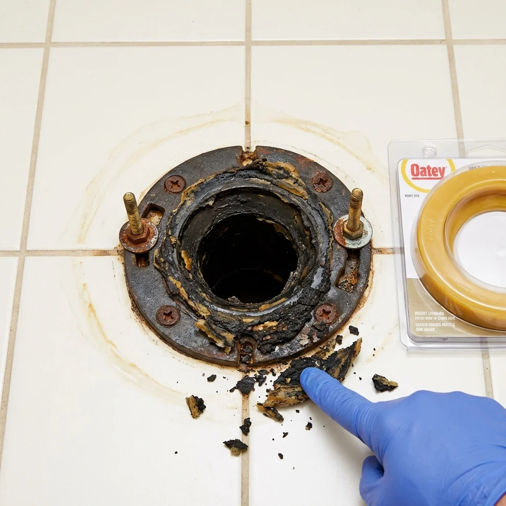 Failed wax ring showing water seepage at the base of a toilet in a Stewartville, MN home