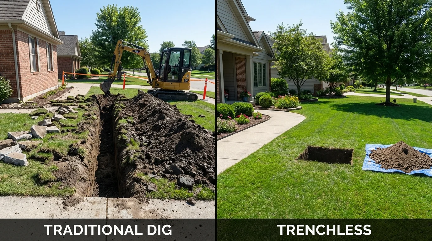 Trenchless sewer repair with minimal yard damage versus traditional excavation in Stewartville, MN