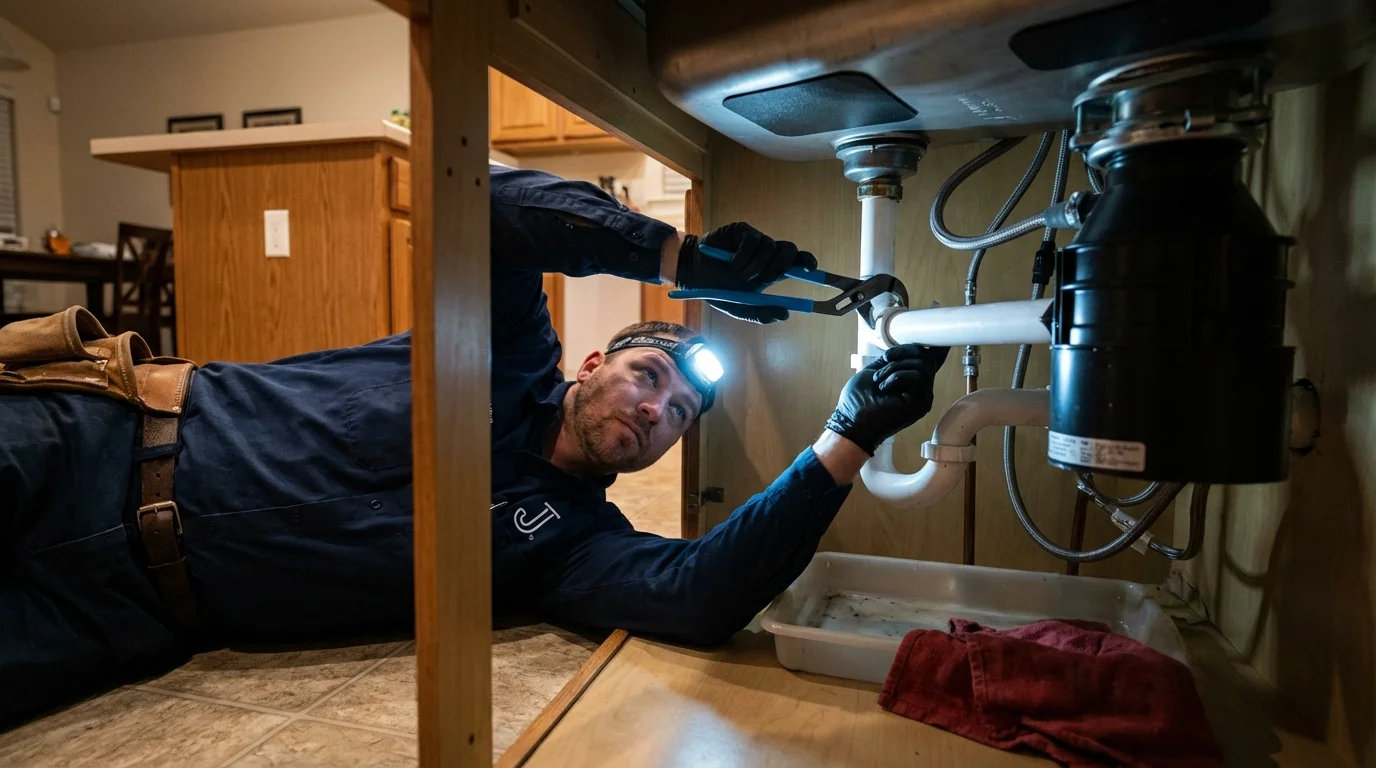 P-trap and supply line connections under a kitchen sink showing a common leak point in Stewartville, MN